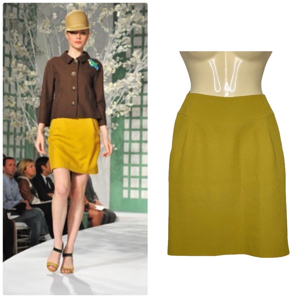 Oscar De La Renta Skirt 4 Yellow Resort 2009 Collection Y2K Wool Silk Textured